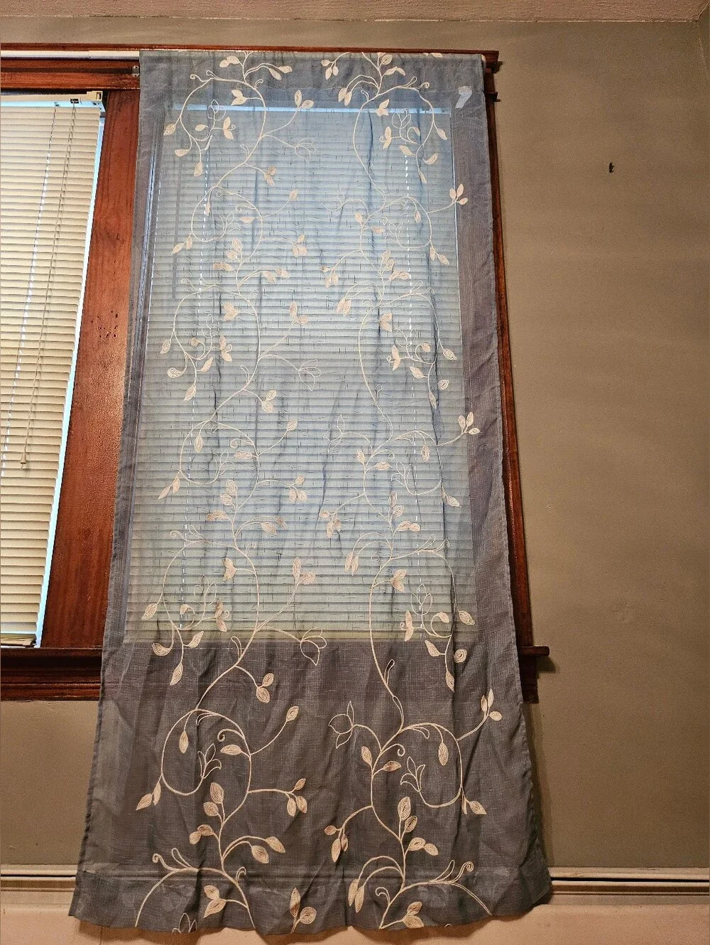 Light Blue Sheer Curtain Panel with Cream Vine Embroidery - Home Accents